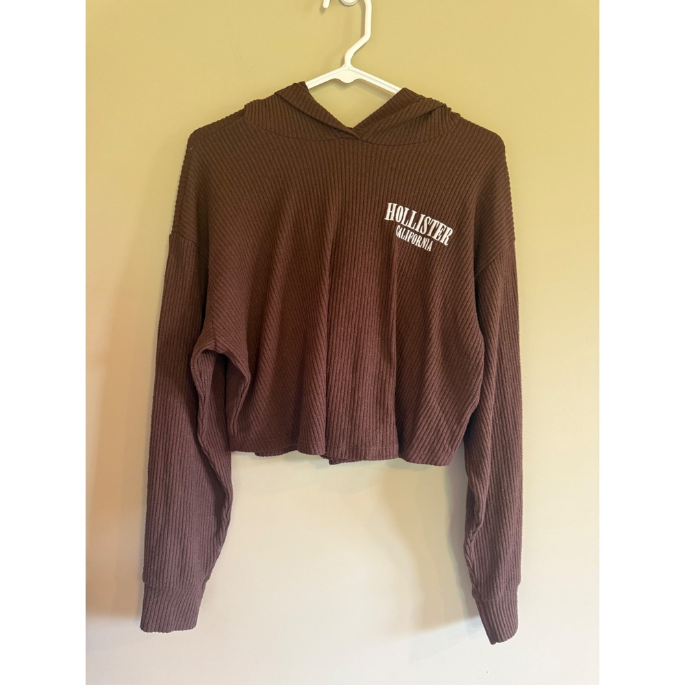 Hollister California Women Brown Ribbed Cropped Hoodie Sweatshirt Small